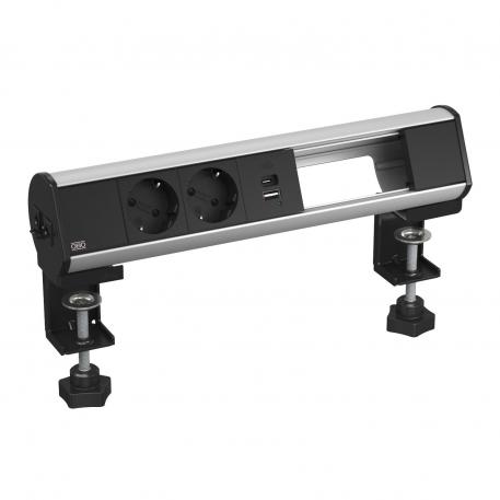 Deskbox met bevestigingsklem, 2 VDE-contactdozen, USB-charger 
